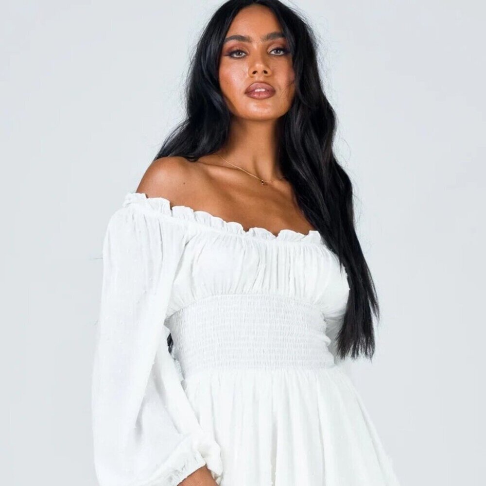 Princess Polly Off Shoulder White Smocked Peplum Balloon Sleeve Blouse Womens 4 - Picture 11 of 11